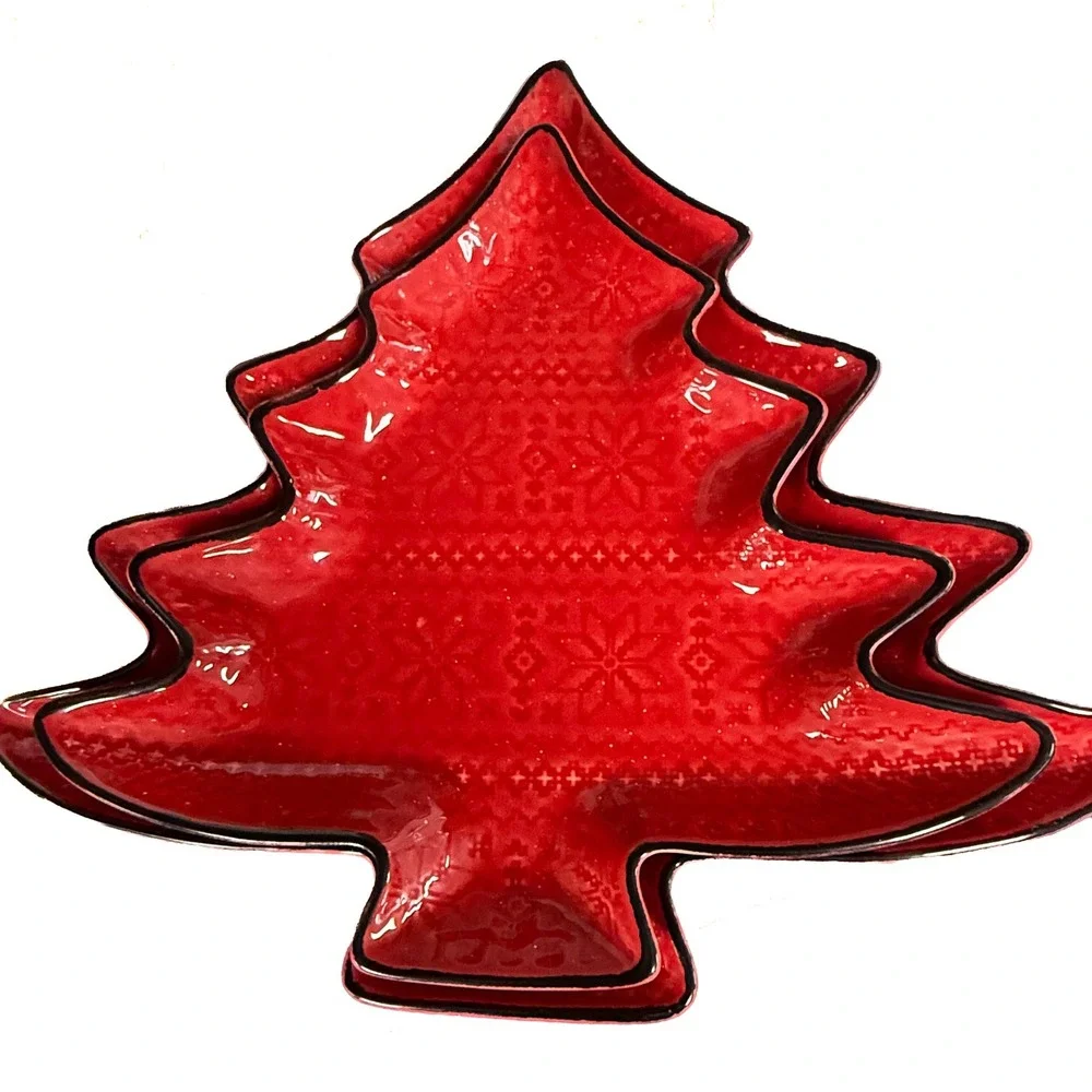 Southern Living Red Christmas Tree Platter Set of 2 Handcrafted Portugal
